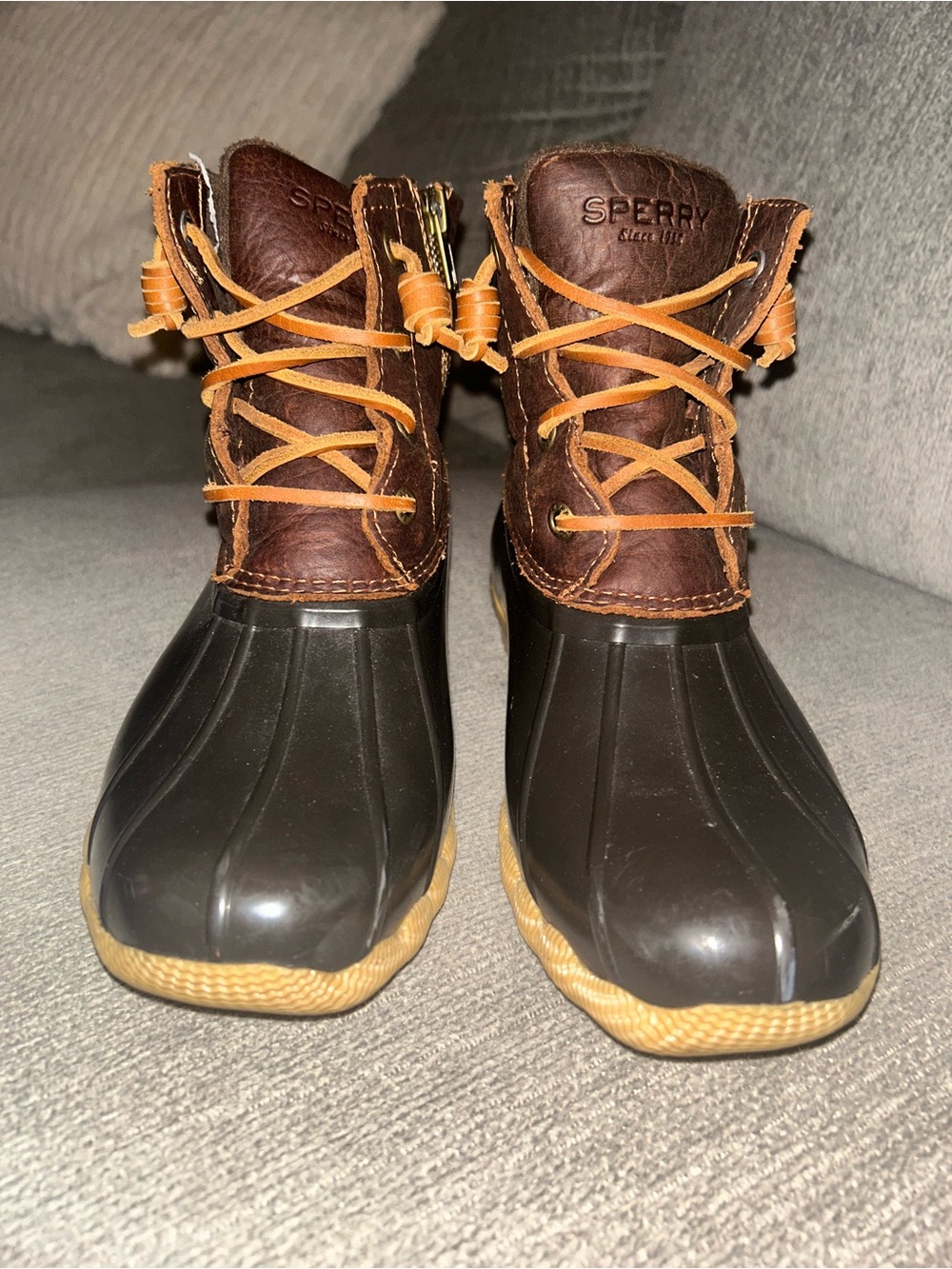 Sperry Brown Leather & Black Rubber Duck Boots with Tan Laces for Kids